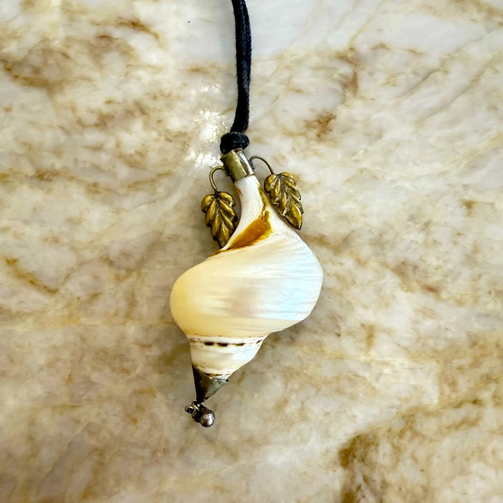 Antique hidden snuff compartment silver and brass Leaf Shell Necklace.